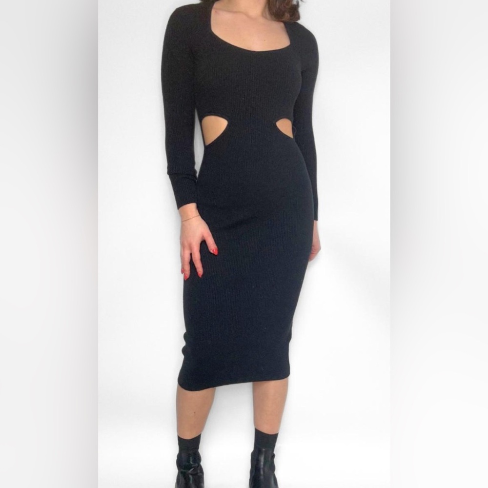 Abercrombie & Fitch Black Ribbed Cutout Long Sleeve Sweater Midi Dress - Size-L